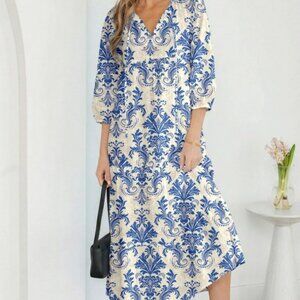 Boho Tied V-Neck 3/4 Sleeve Maxi Dress Blue and White